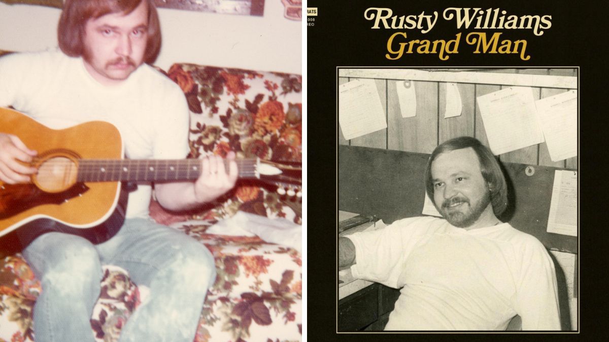 Left-Rusty Williams playing an acoustic guitar Right-Grand Man&#039;s album cover