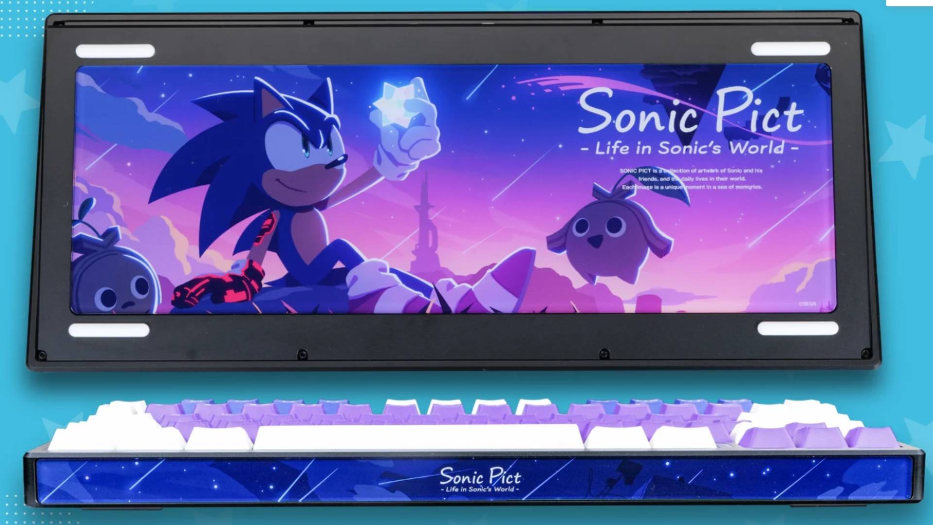 Official marketing image by SEGA and Astromeda of the Sonic the Hedgehog x Astromeda 8K Gaming Keyboard.