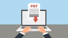 PDF concept image in a cartoon style showing a man working on a laptop downloading a PDF.