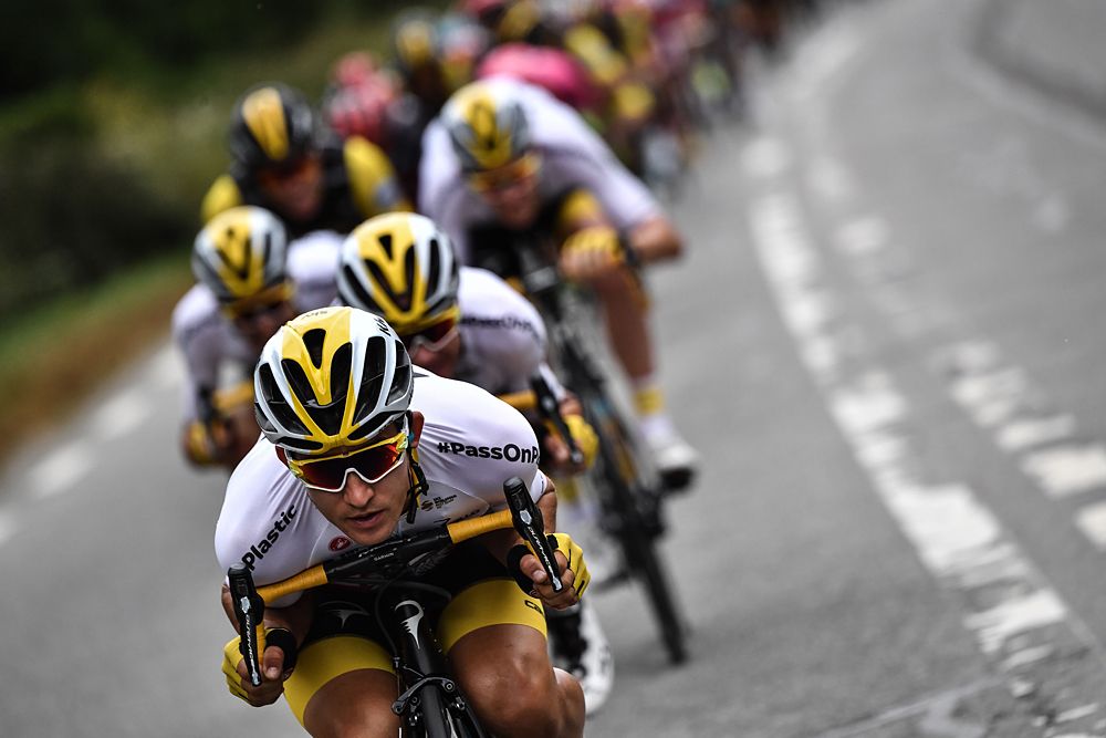 Michal Kwiatkowski (Team Sky) leads Team Sky through the processional stage 21 at the Tour de France