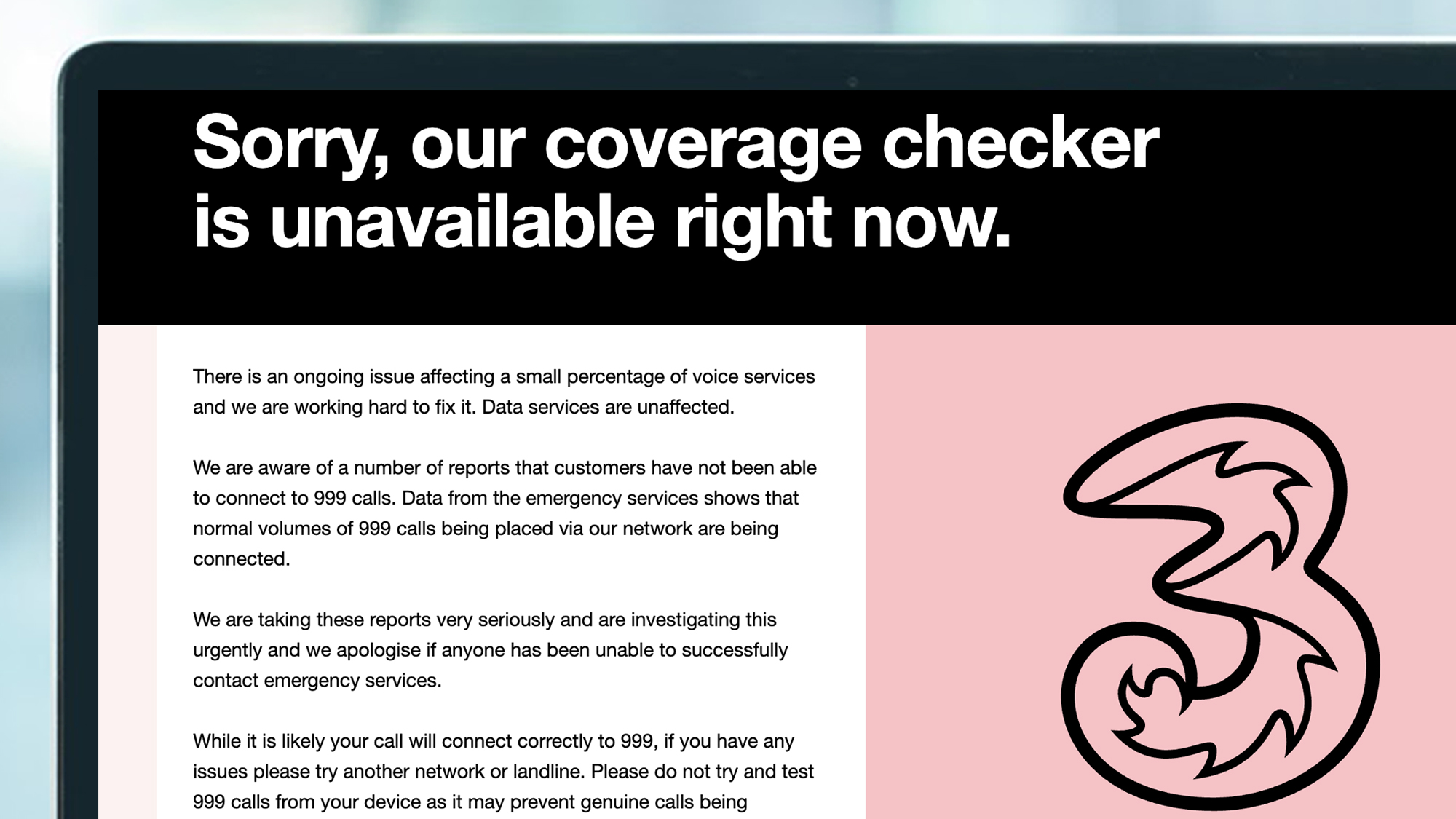 A laptop screen showing a notice from Three UK about a voice calls issue