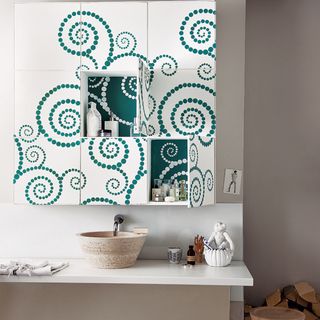 bathroom with white wall and stenciling a pattern onto a plain bathroom cabinet