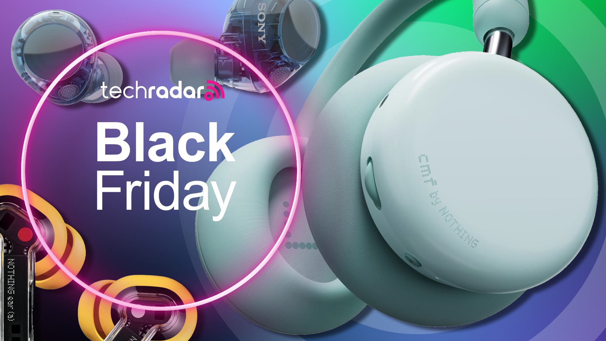 A selection of earbuds and headphones on TechRadar&#039;s Black Friday purple poster