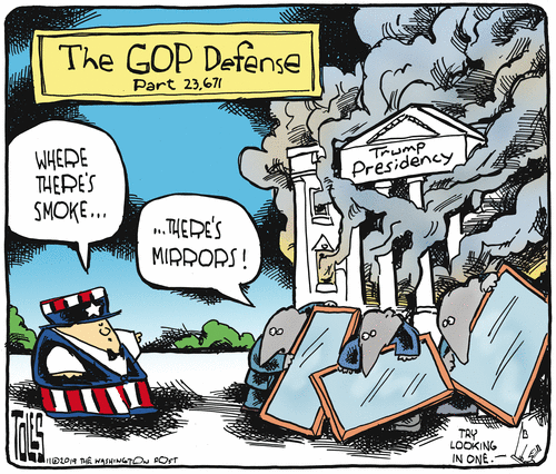 Political Cartoon U.S. Trump Impeachment GOP Defense Smoke