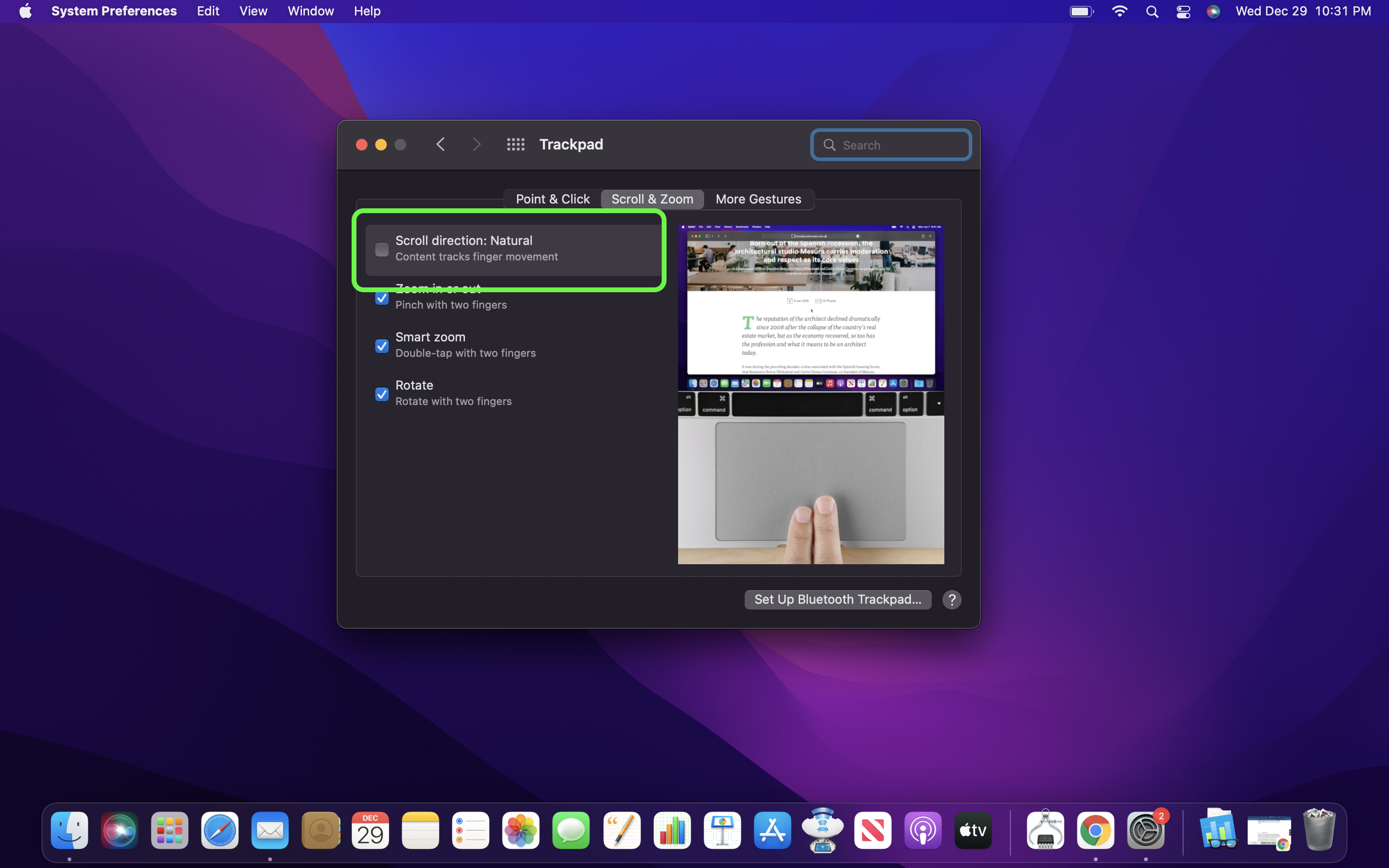 macOS Monterey Trackpad Settings Menu