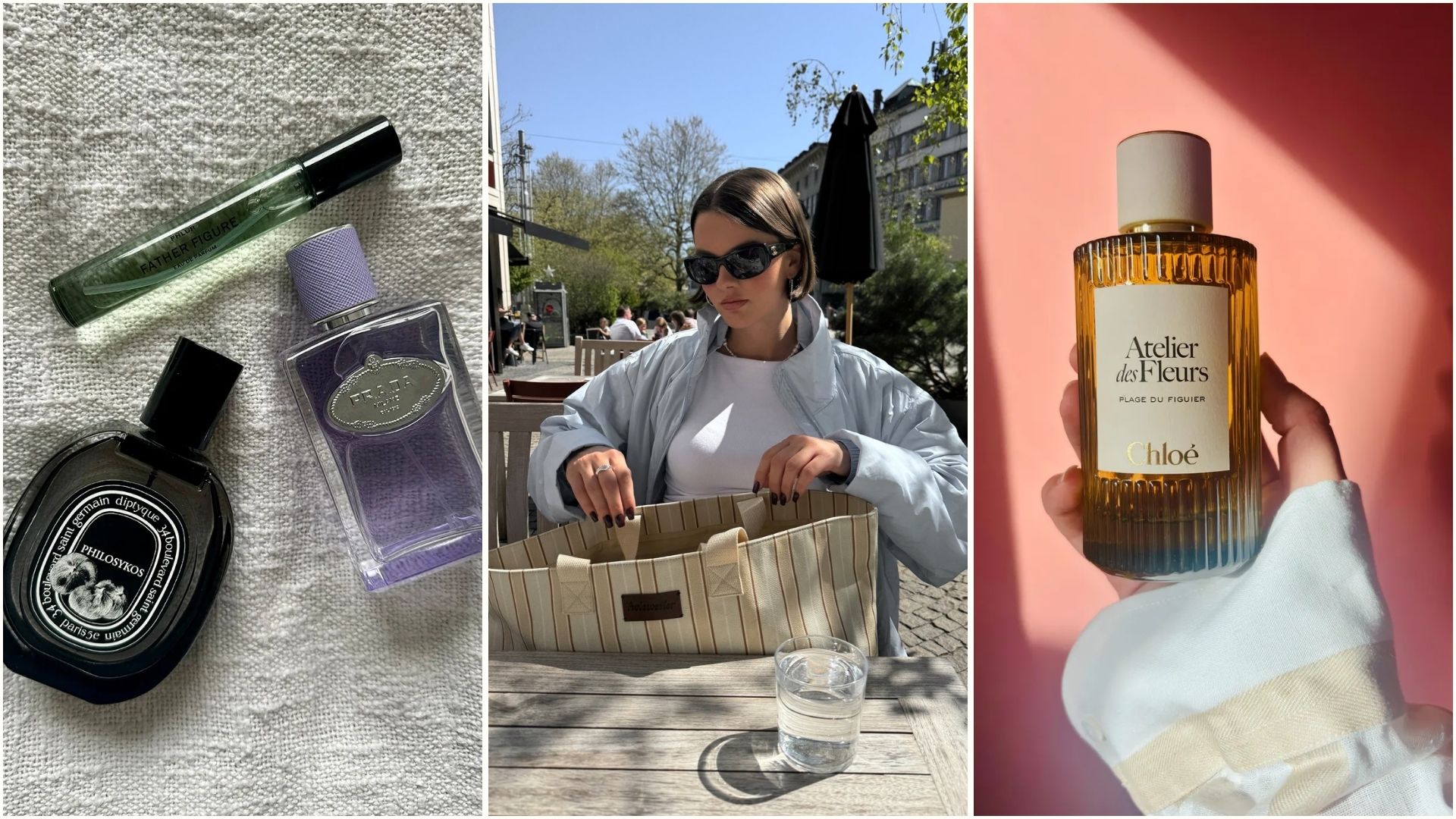A selection of fig perfumes and @maryljean wearing a jacket and sunglasses