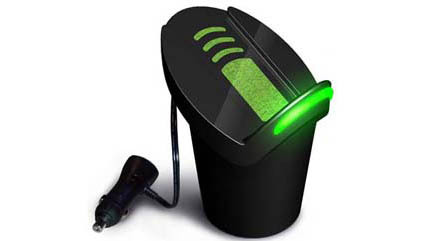 In the category of the more unusual devices, you will find this Wireless gadget charger from Visteon. Placed in a cupholder and plugged into the cigarette lighter, it will charge your cellphone, MP3 player, DVD player or your digital camera. Check back fo