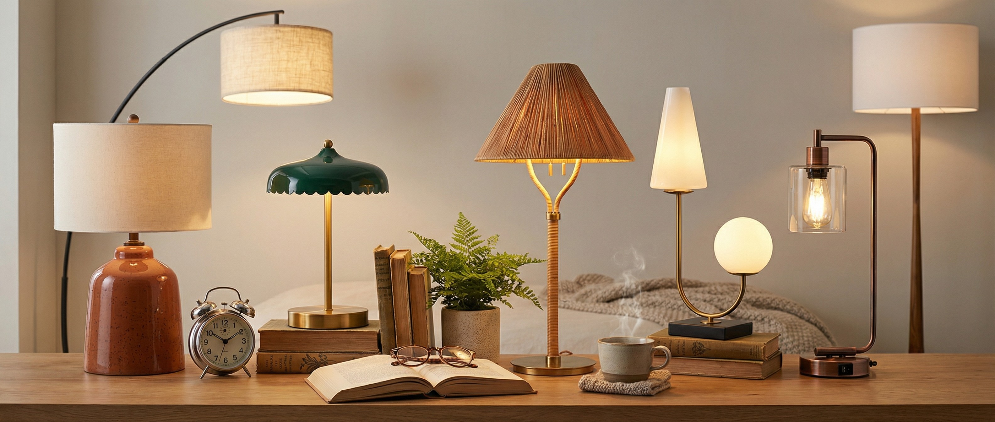 a collection of lamps on a table