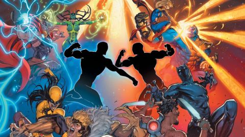 Multiple heroes fight around two blacked-out figures in artwork from Marvel Multiverse Role-Playing Game