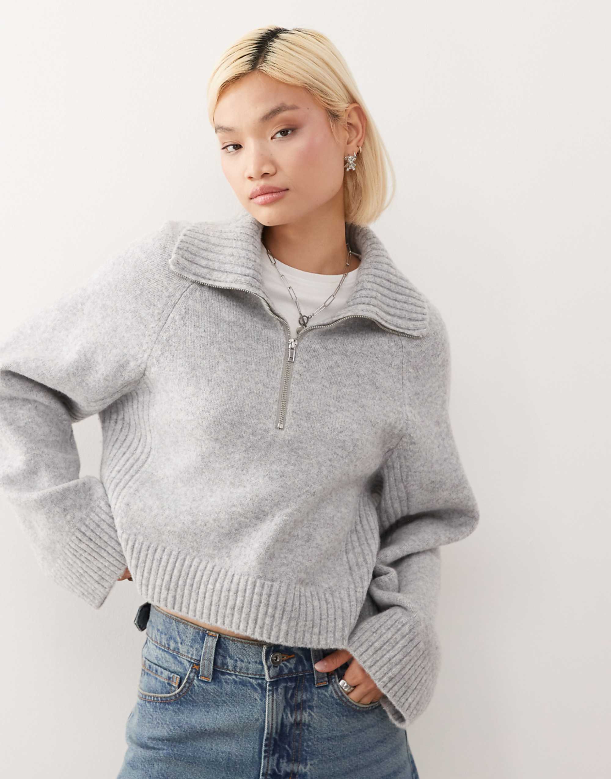 Monki Half Zip Sweater in Heather Gray