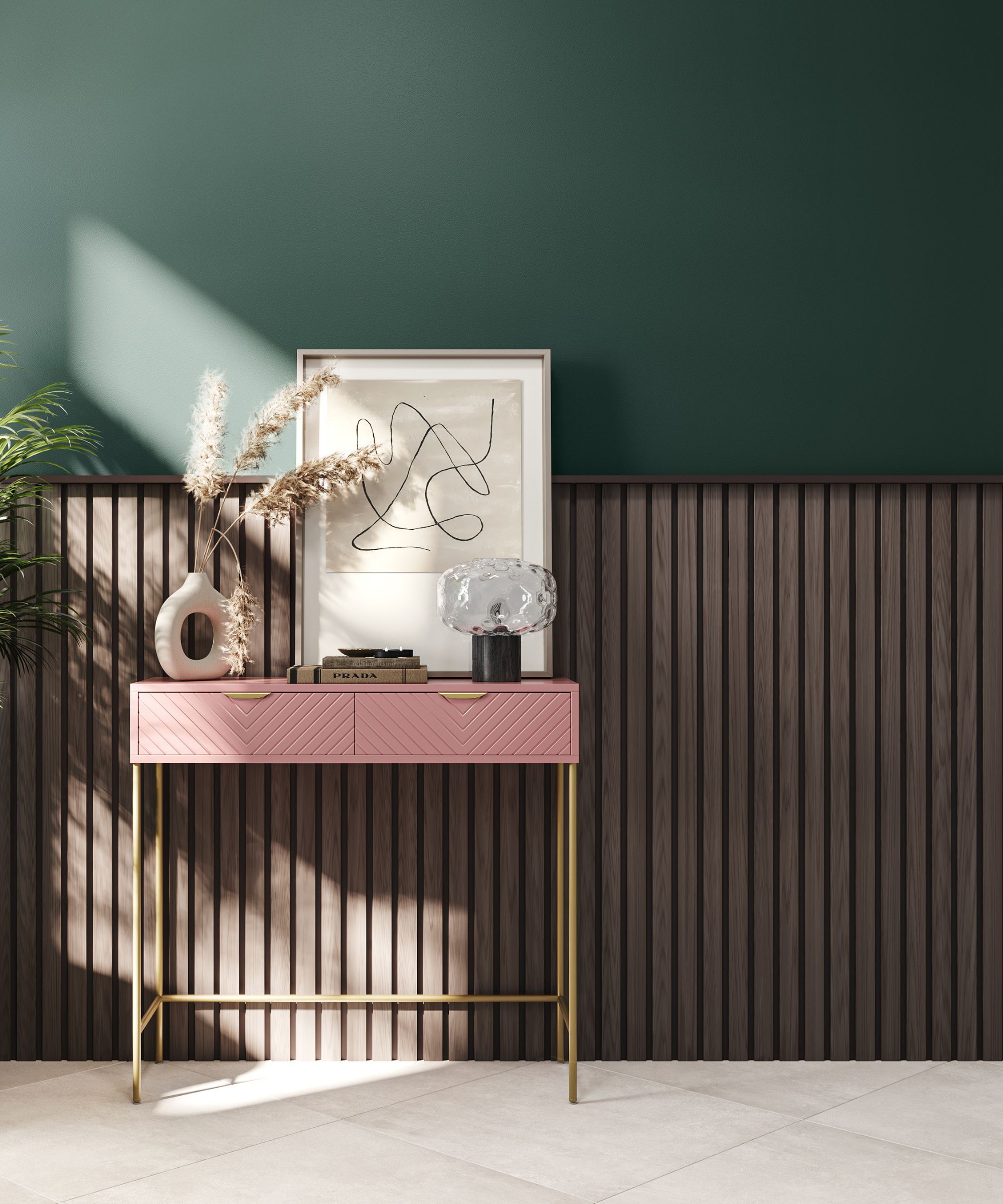 A hallway with a console table, half-wall panelling in a dark slatted wood and green walls above