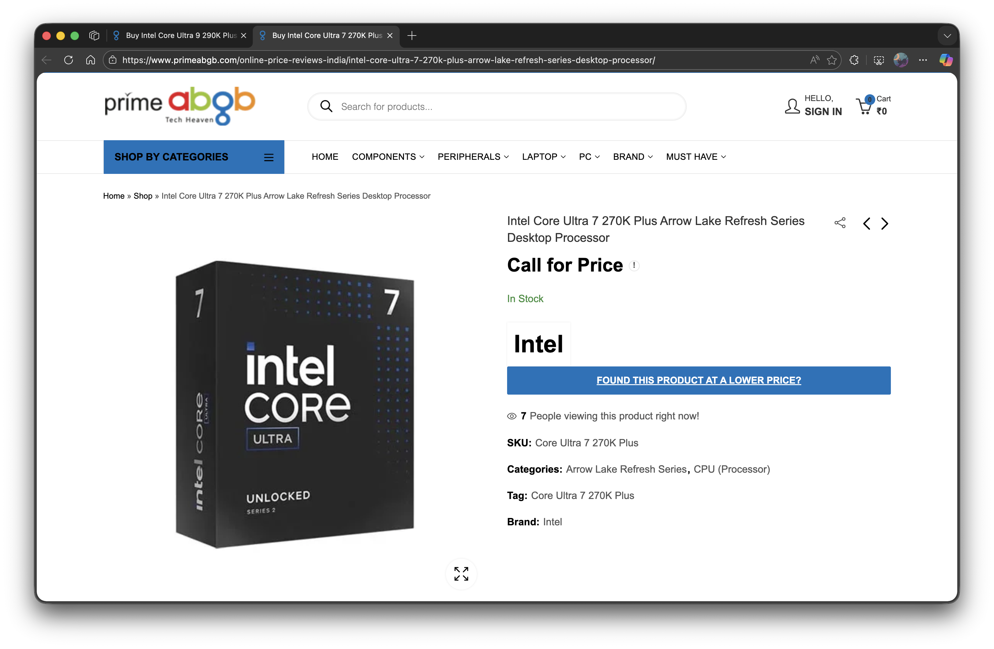 Core Ultra 7 270K Plus listed at Indian retailer