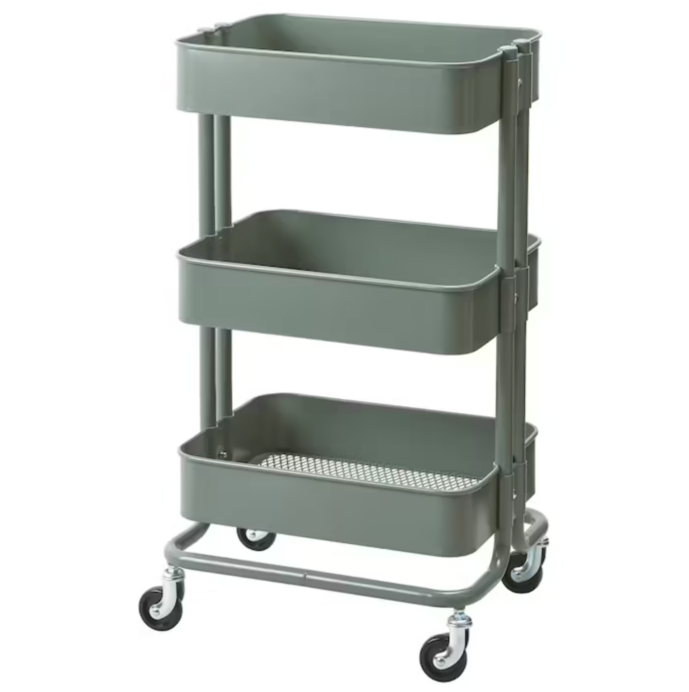 green storage trolley on wheels with three shelves