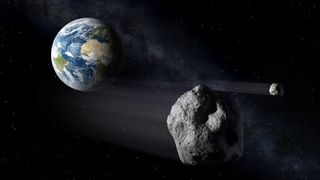 illustration of two asteroids in space, with earth in the background