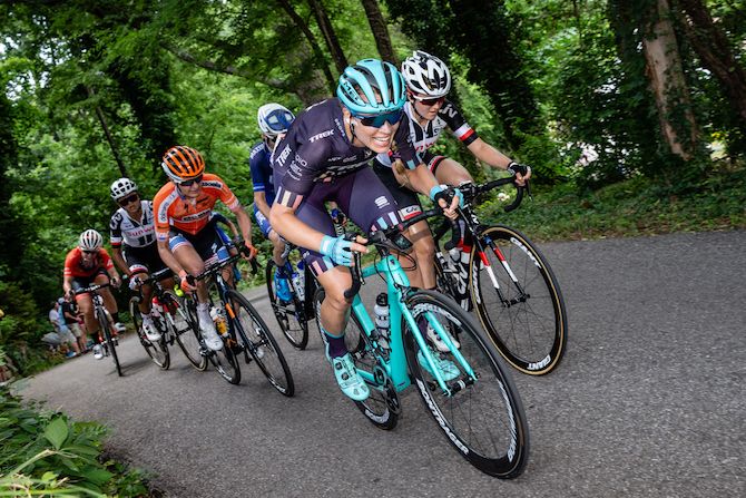 Tayler Wiles (Trek-Drops) leads a group during the US Pro Road Race National Championships on June 24, 2018 in Knoxville, Tennessee