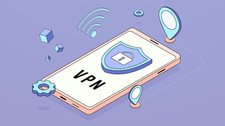 Illustration of a VPN installed on a mobile phone, network strength symbol, location markers, and cogs.