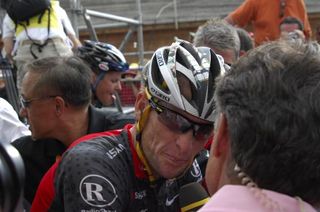 Lance Armstrong (RadioShack) speaks to the press after the stage to Morzine-Avoriaz