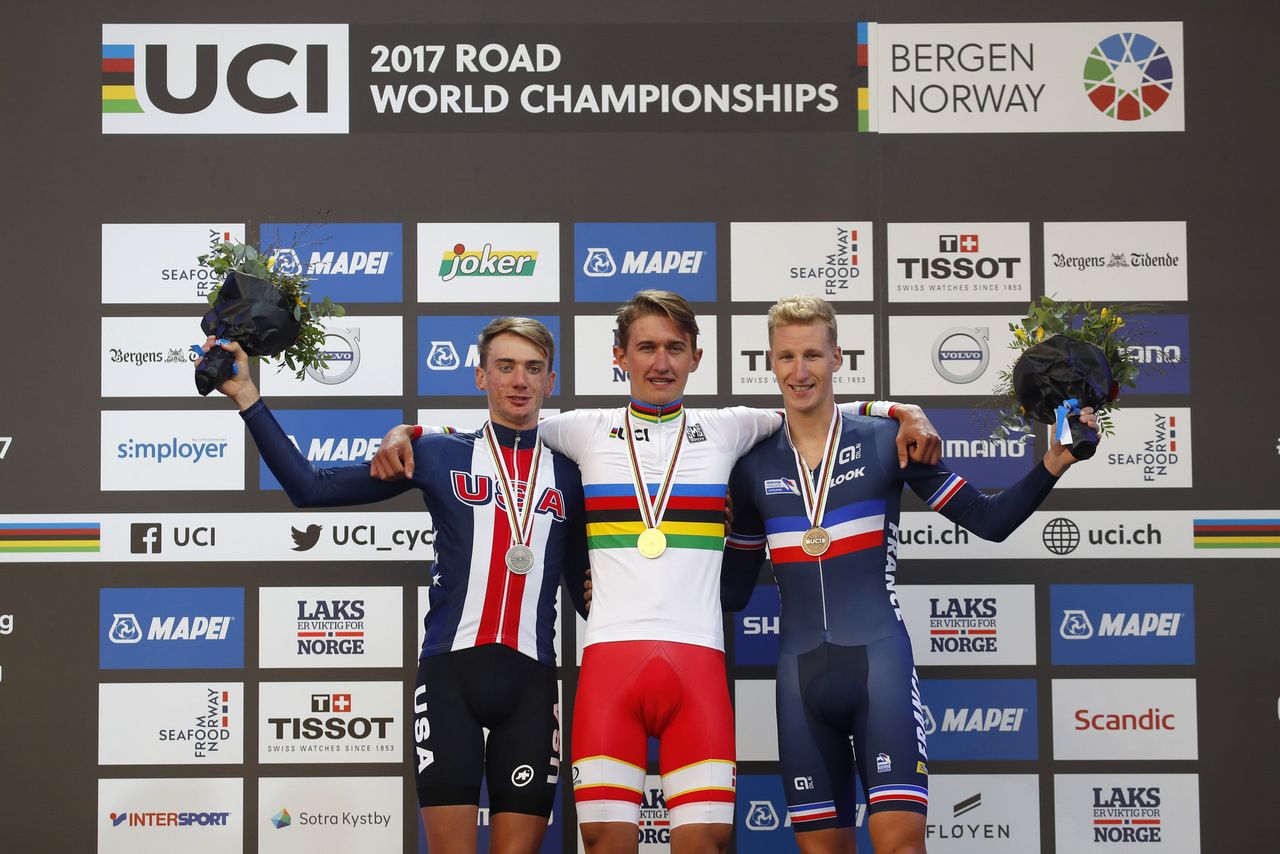 Brandon McNulty, Mikkel Bjerg and Corentin Ermenault on the U23 men's podium