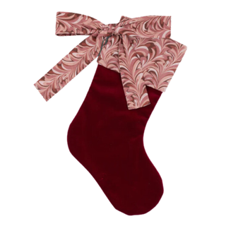 Marble Linen & Velvet Bow Christmas Stocking, Burgundy