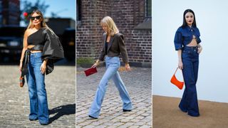 Three women showing how to style jeans, especially flared jeans