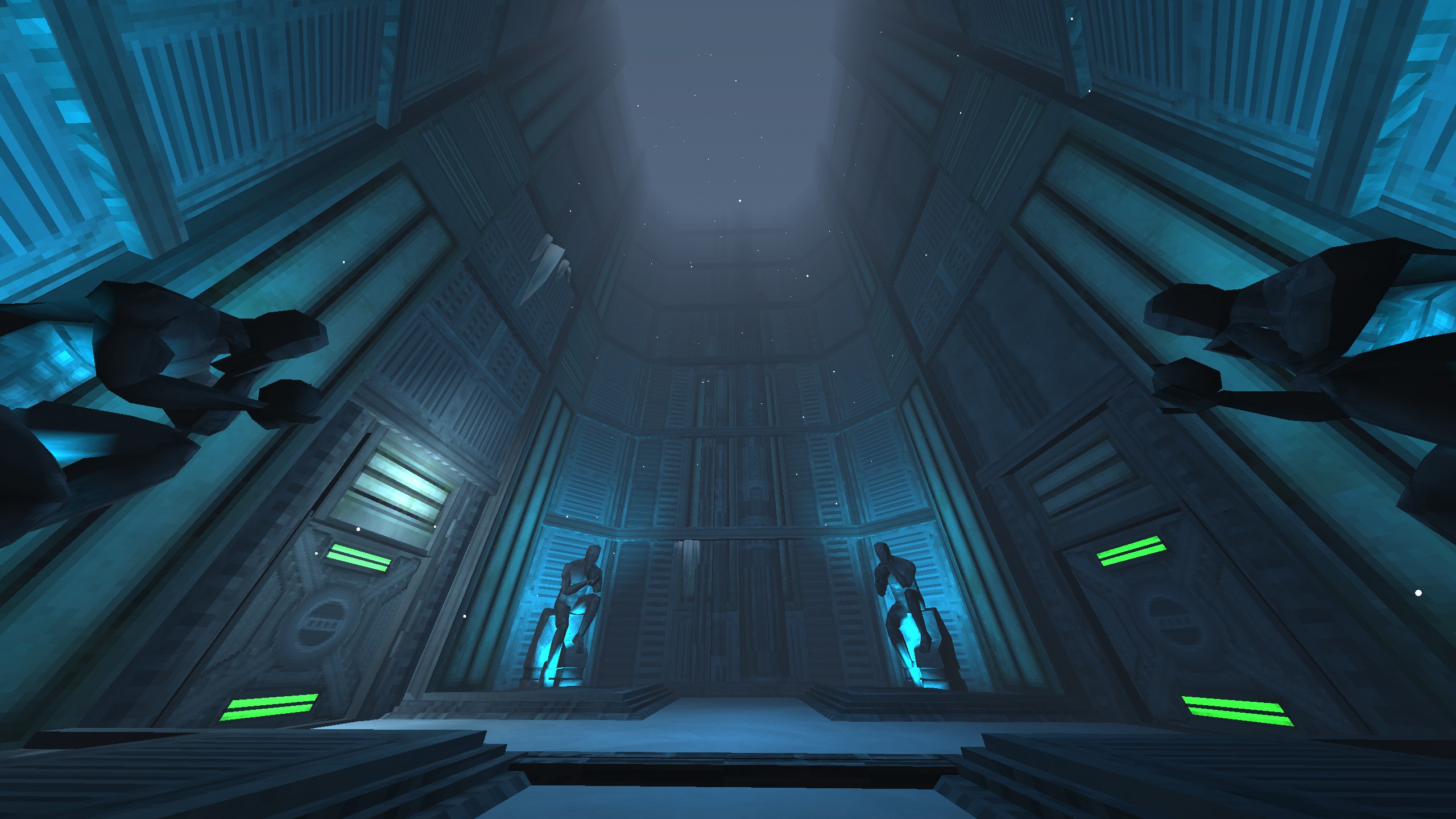 industrial interior with statues recolored from orange to light blue in ultrakill