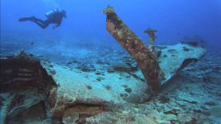 Divers explored the wreck of the US F4U–4 Corsair fighter-bomber on Iriomote Jima in March 2019.