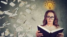 Woman with a lightbulb over her head reading a book while money falls from the sky around her