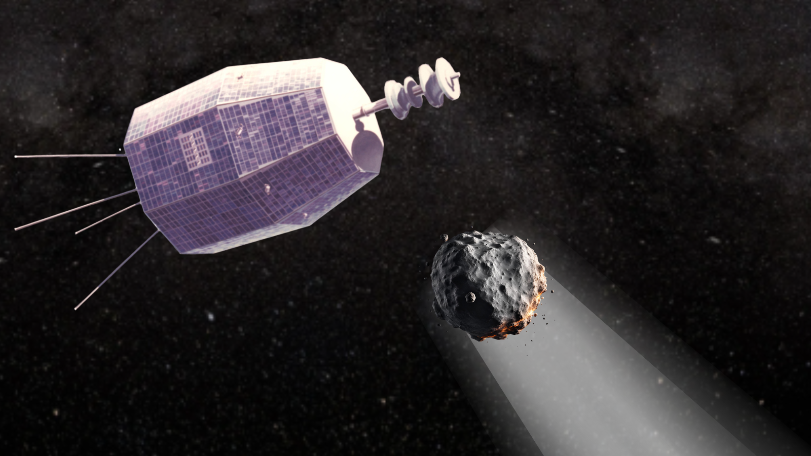 Una nave espacial contra un fondo negro con una pequeña piedra gris que se dirige hacia él
