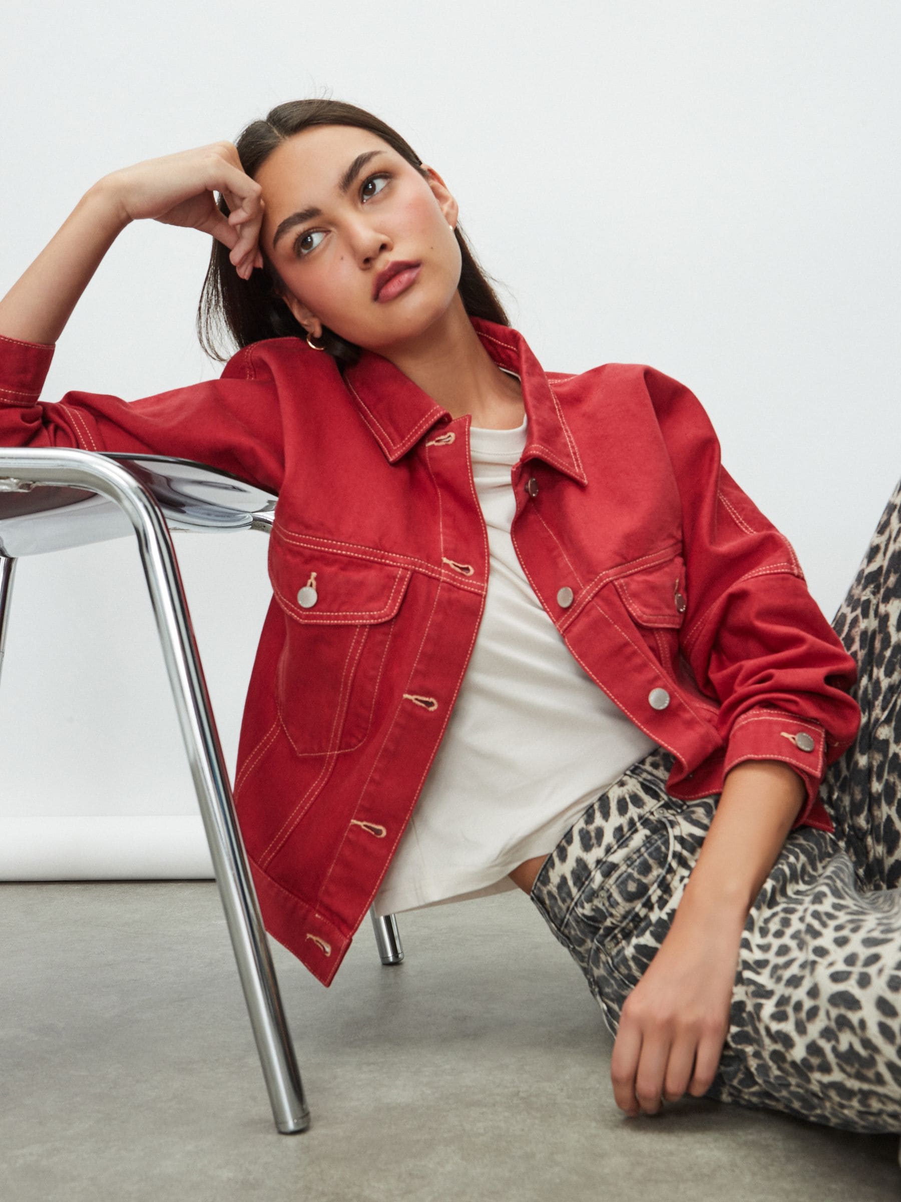 Red Oversized Relaxed Fit Denim Trucker Jacket