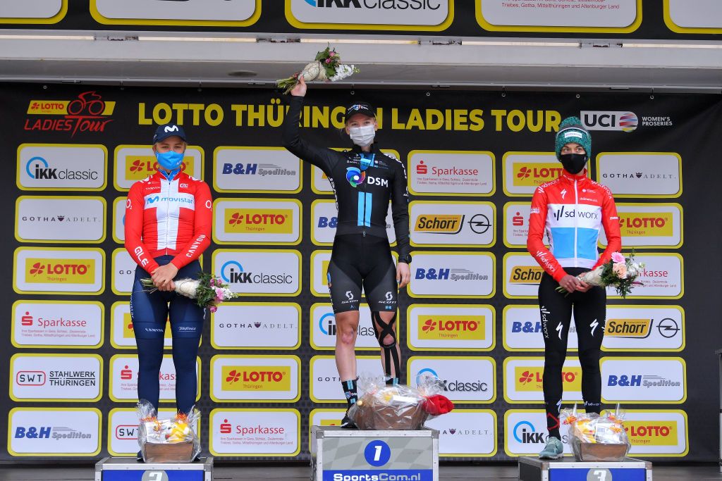 GERA GERMANY MAY 26 Emma Norsgaard Jorgensen of Denmark and Movistar Team 2nd place Lorena Wiebes of Netherlands and Team DSM stage winner Christine Majerus of Luxembourg and Team SD Worx 3rd place celebrates at podium during the 34th Internationale LOTTO Thringen Ladies Tour 2021 Stage 2 a 1251km stage from Gera to Gera Mask Covid safety measures ltlt2021 lottothueringenladiestour womencycling on May 26 2021 in Gera Germany Photo by Luc ClaessenGetty Images