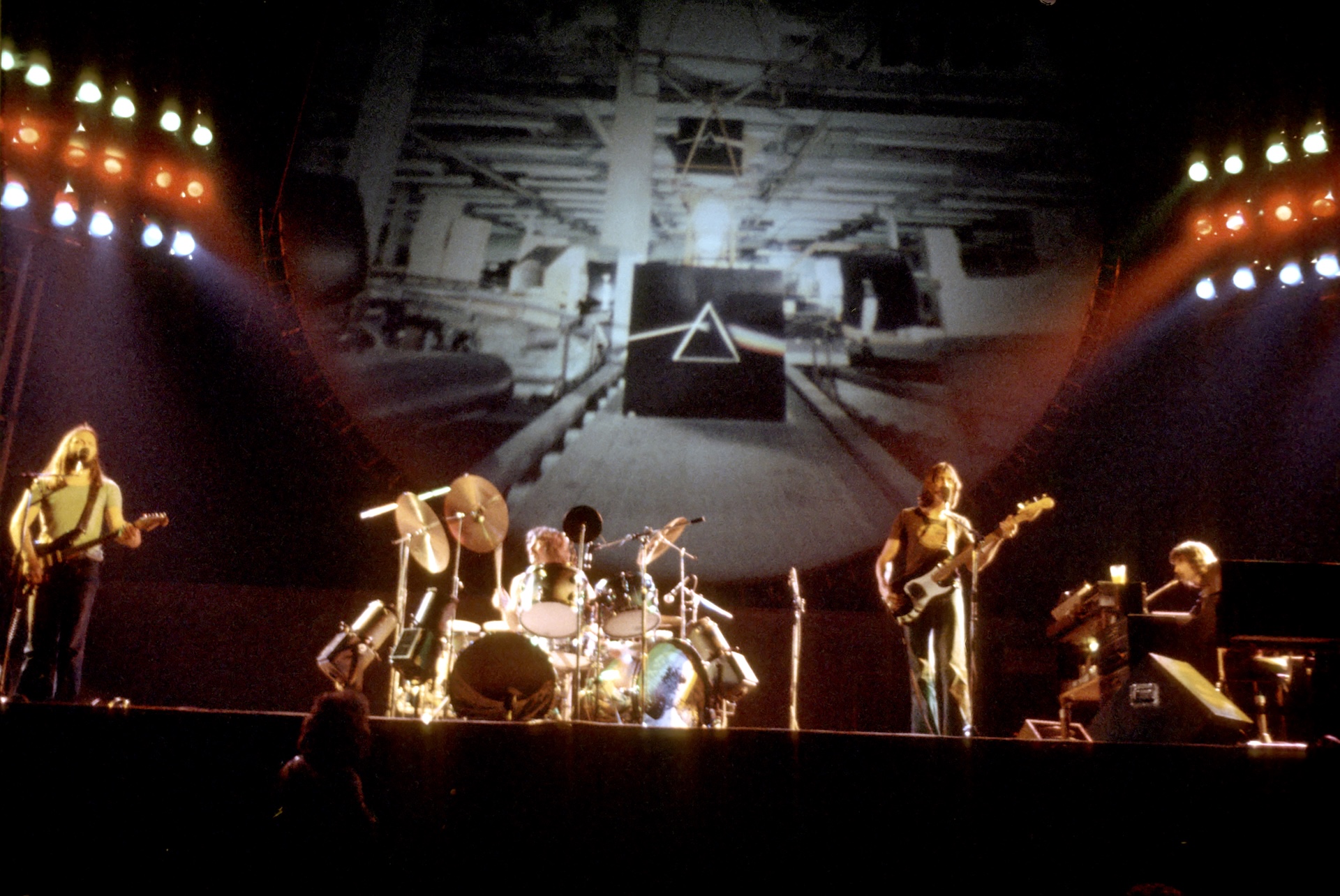 British rock band Pink Floyd (L-R David Gilmour, Nick Mason, Roger Waters and Rick Wright perform live at the Los Angeles Memorial Sports Arena in April 1975 in Los Angeles, California