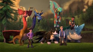 A group of kids standing around with their dragons in the woods in Dreamworks Dragons- The Nine Realms.