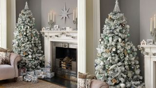 Snowy Christmas tree decorating idea with wood and neutral decorations