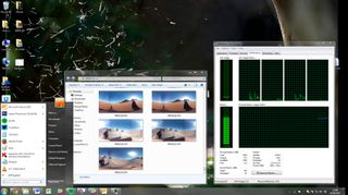 A screenshot of Windows 7 showing the desktop and a number of open folders