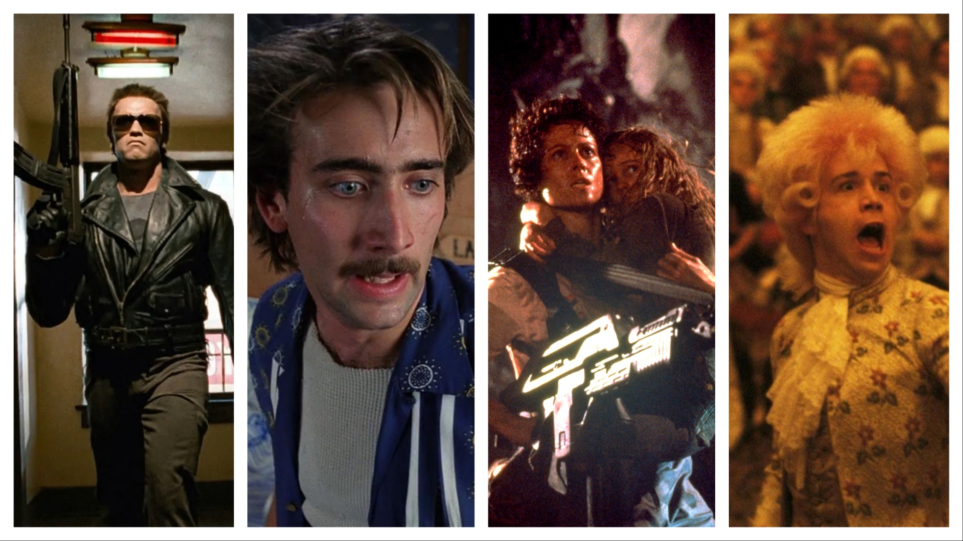 Images from four films sliced together, from left to right: The Terminator, Raising Arizona, Aliens and Amadeus 