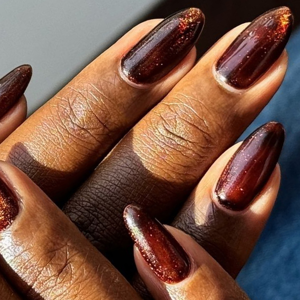 a close-up shot of dark brown velvet nails