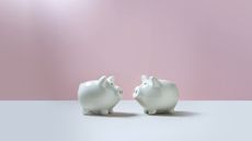 Two piggy banks face each other.