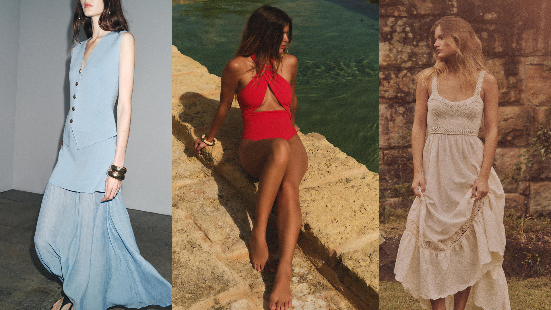 Zara models wearing blue vest and skirt set, red one piece swimsuit, and white dress while holding the skirt.