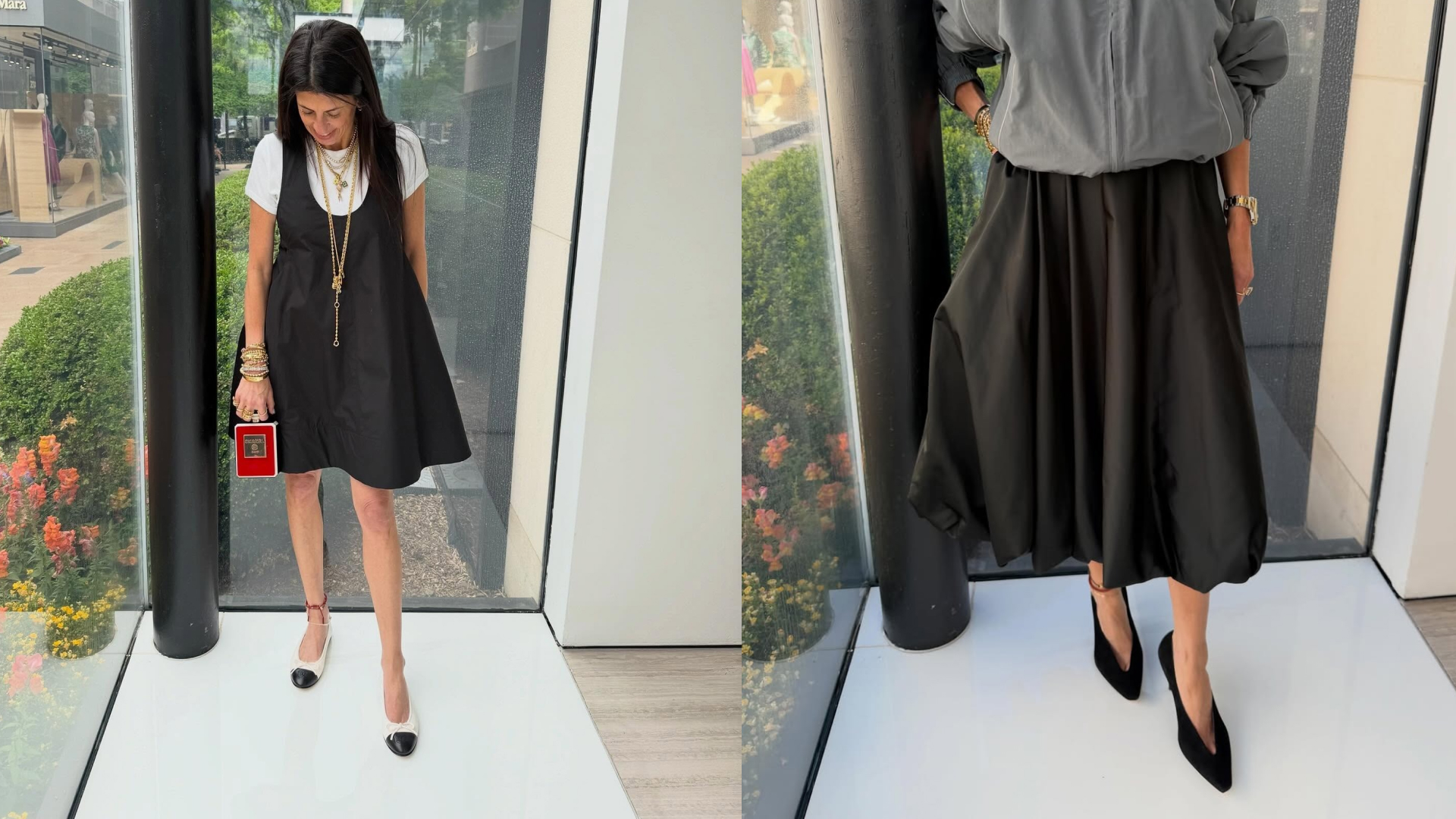 two photos of Marci Hirshleifer wearing different pairs of monochrome shoes