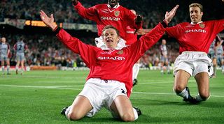 Ole Gunnar Solskjaer celebrates his goal for Manchester United against Bayern Munich in the 1999 Champions League final.