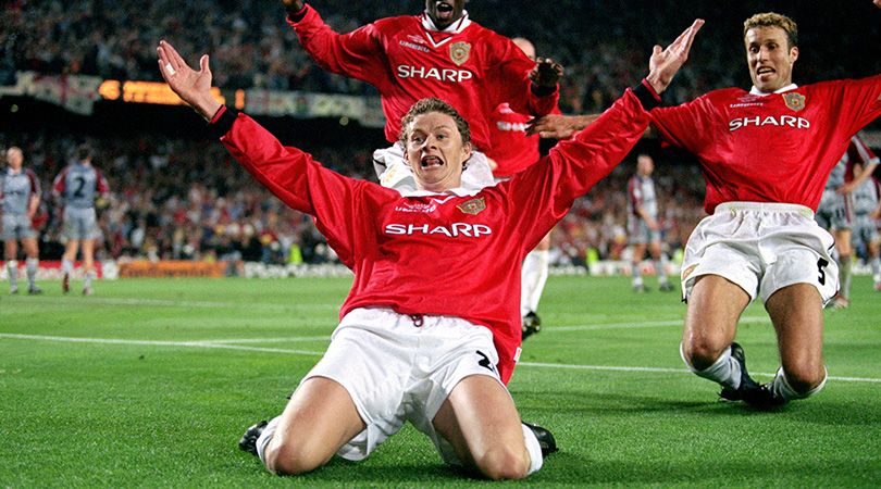 Ole Gunnar Solskjaer celebrates his goal for Manchester United against Bayern Munich in the 1999 Champions League final.