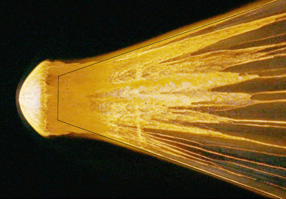A stony meteorite in NASA Ames Research Center's Arcjet Interaction Heating Facility.
