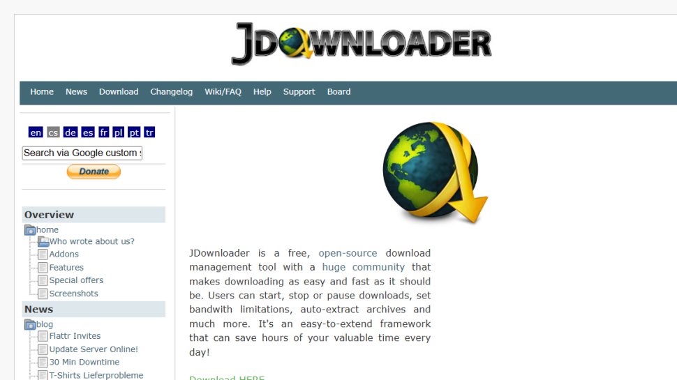 Website screenshot of JDownloader (August, 2025)