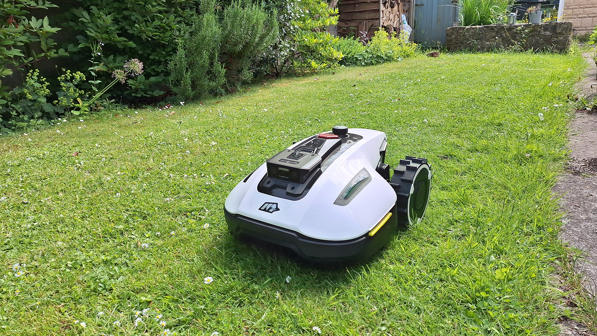 The Mammotion Yuka Mini robot lawn mower in tester's yard