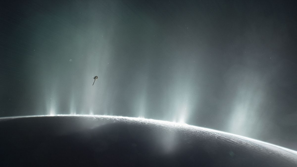 A snapshot of Cassini flying through the plumes of Enceladus during its final orbits between April and September 2017