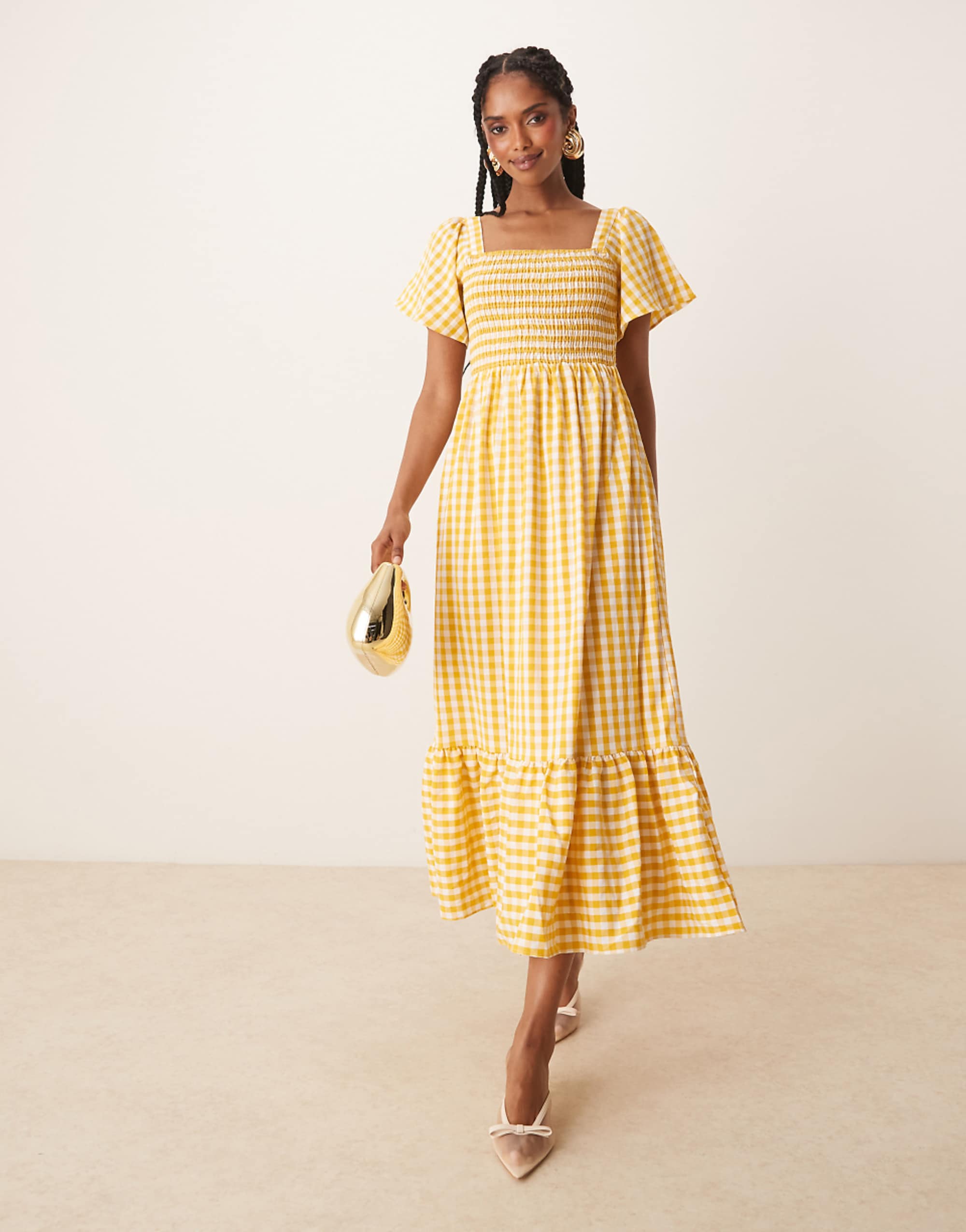 Lovedrobe Gingham Square Neck Short Sleeve Midaxi Dress in Yellow