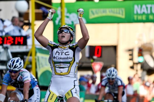 Chloe Hosking (HTC-Columbia) celebrates her win on stage two.
