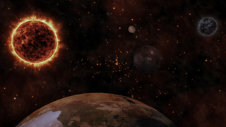 The sun and planets in space with star background.