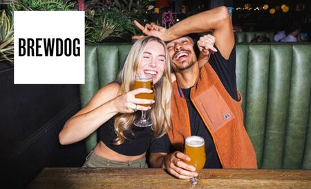 brewdog logo top left with two people posing with pints 