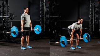 Man demonstrates two positions of the Romanian deadlift using a barbell